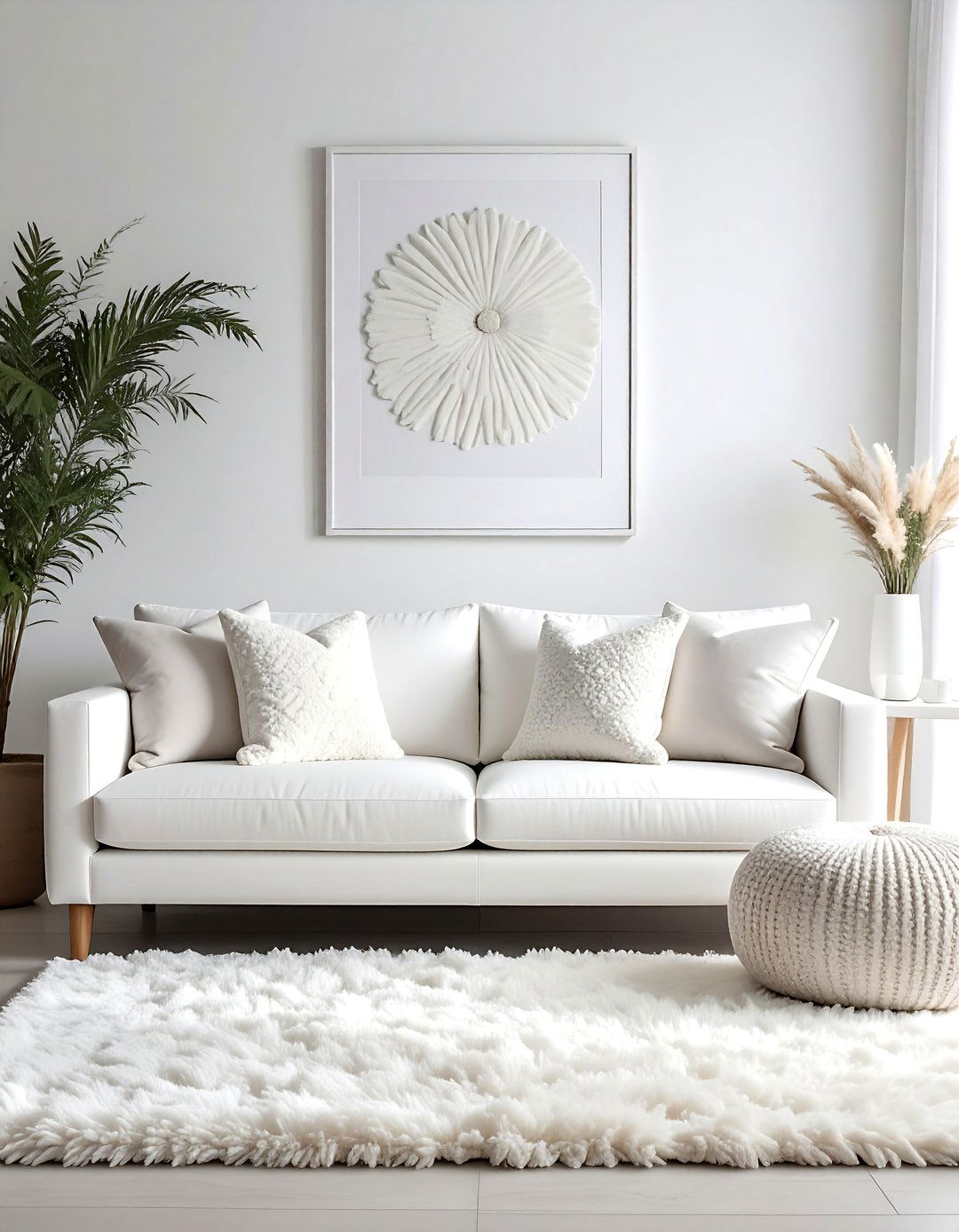 Monochromatic White Couch Living Room with Varied Textures - 30 White Couch Living Room Ideas for a Bright Space