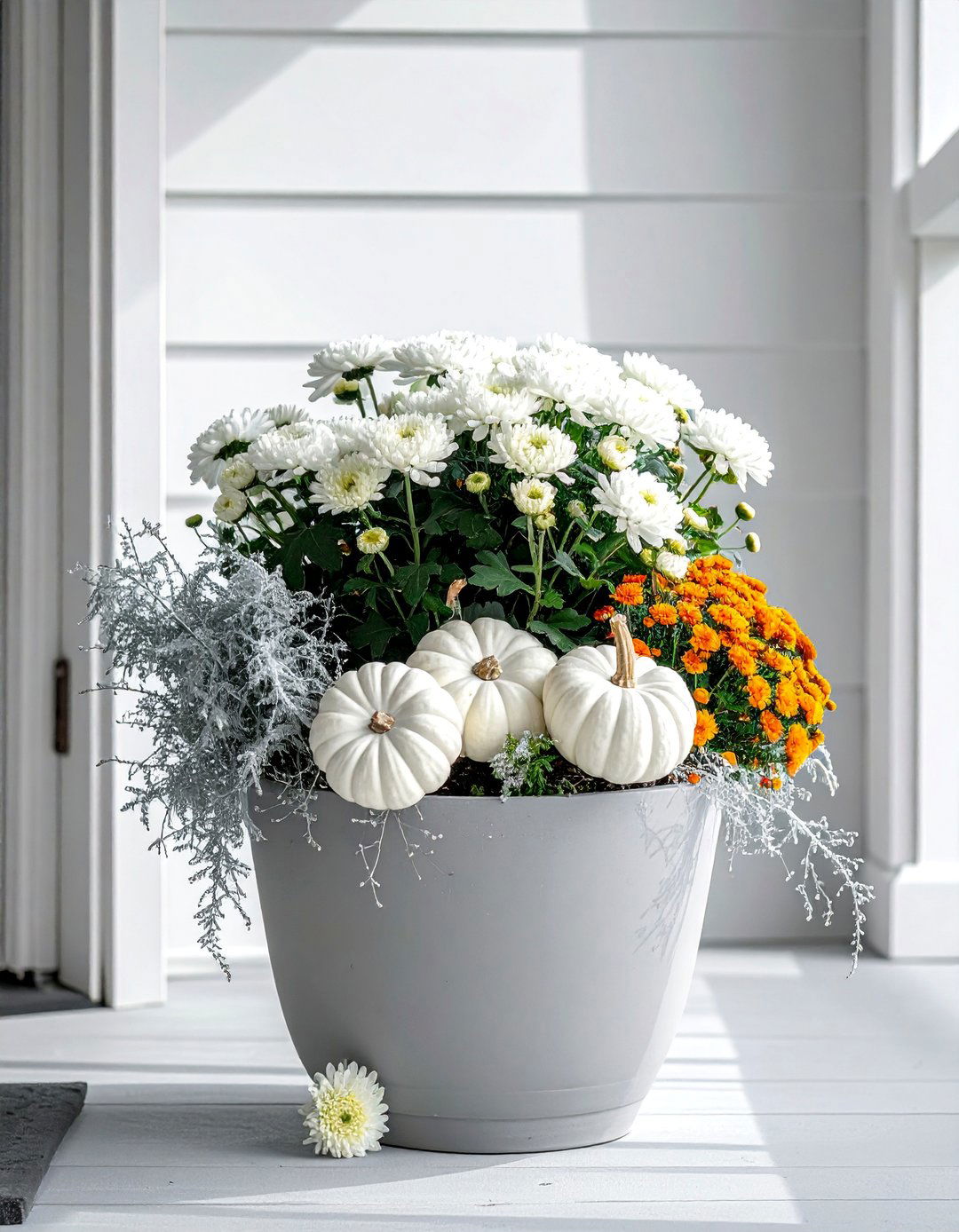 Monochromatic White Fall Planter - 40 Fall Planter Ideas to Add Seasonal Charm
