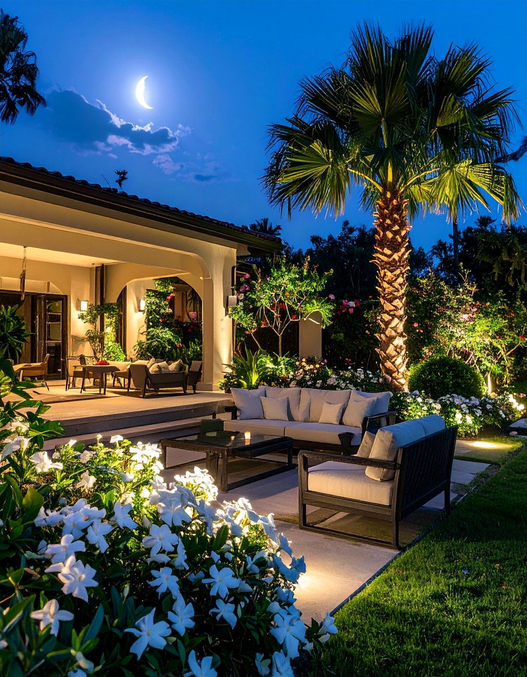 Moonlight Garden Palm Retreat - 30 Front Yard Palm Tree Landscape Design Ideas