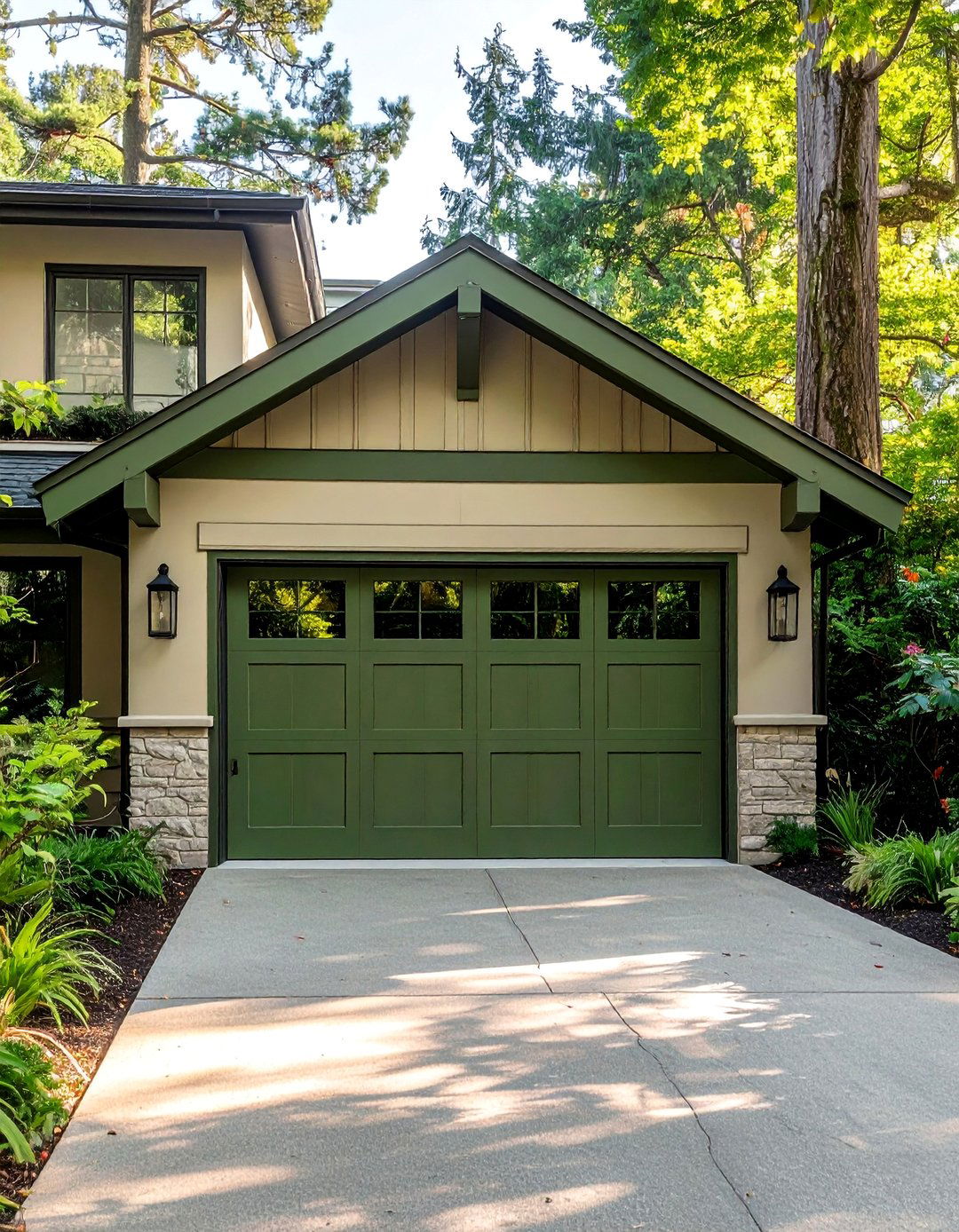 Moss Green Garage Door Blending with Nature - 20 Green Garage Door Ideas to Boost Curb Appeal