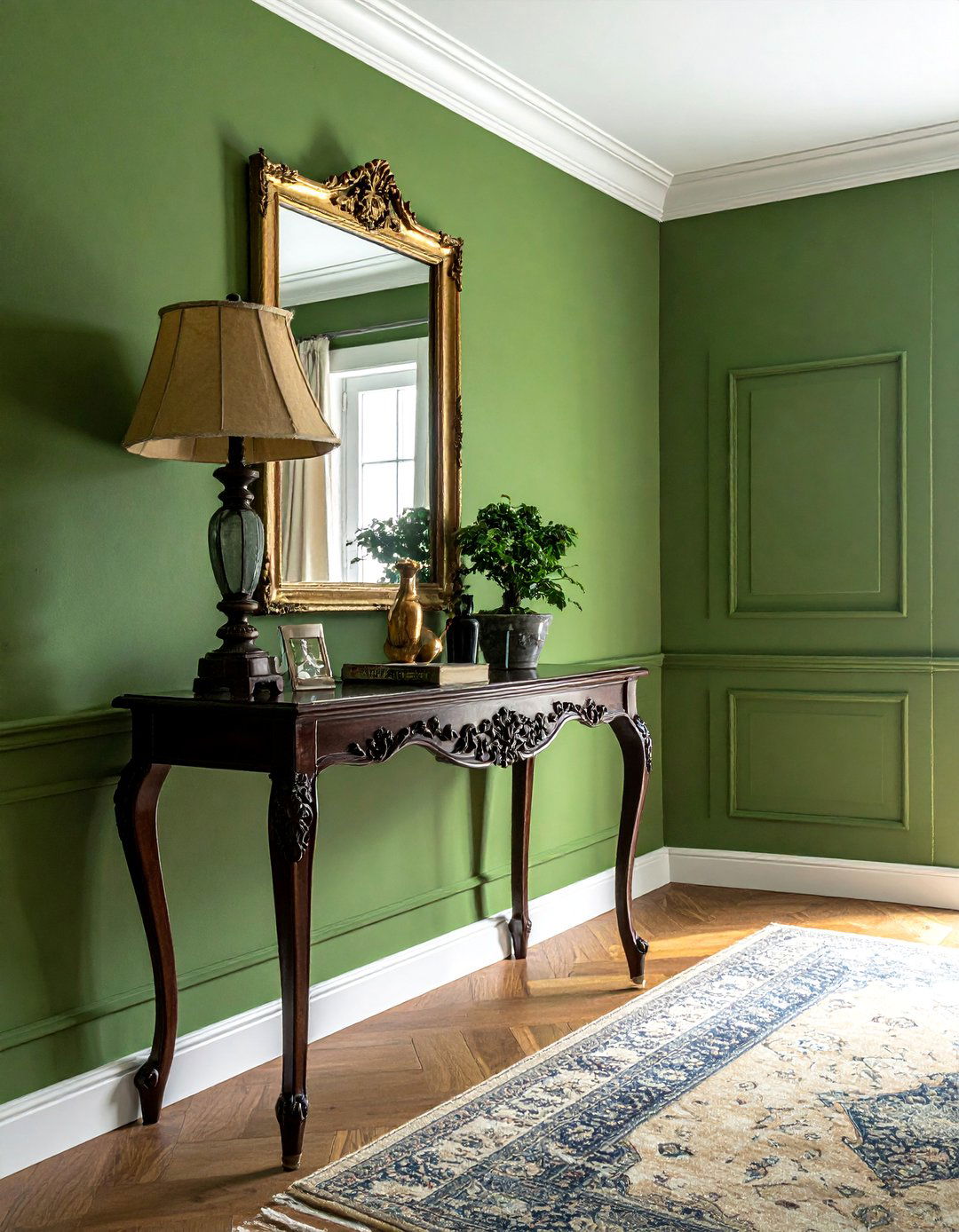 Moss Green Hallway with Antique Wooden Furniture - 20 Green Hallway Ideas for a Fresh and Inviting Space