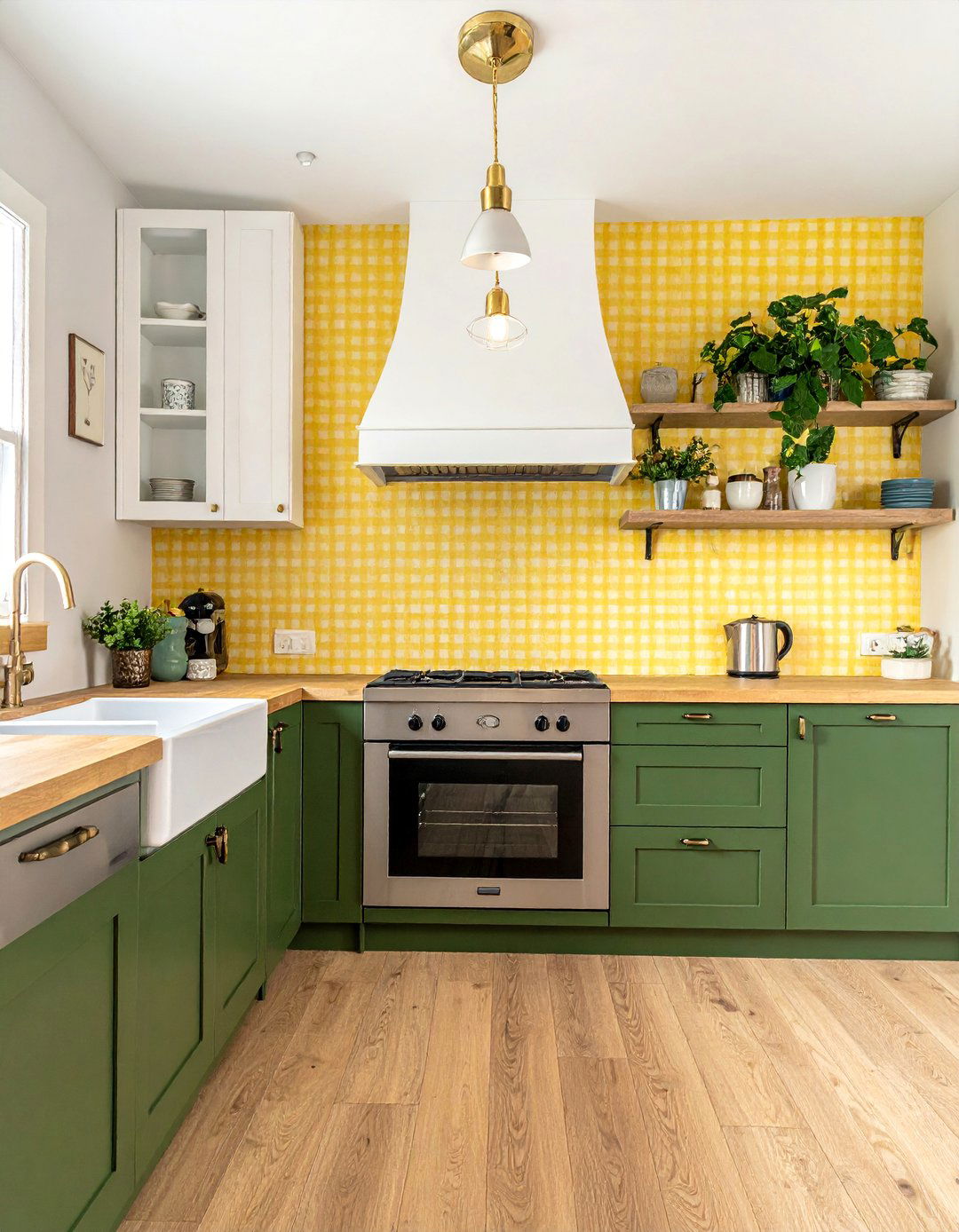 Moss Green Lower Cabinets with a Yellow Gingham Wallpaper - 20 Green and Yellow Kitchen Ideas for a Fresh Look