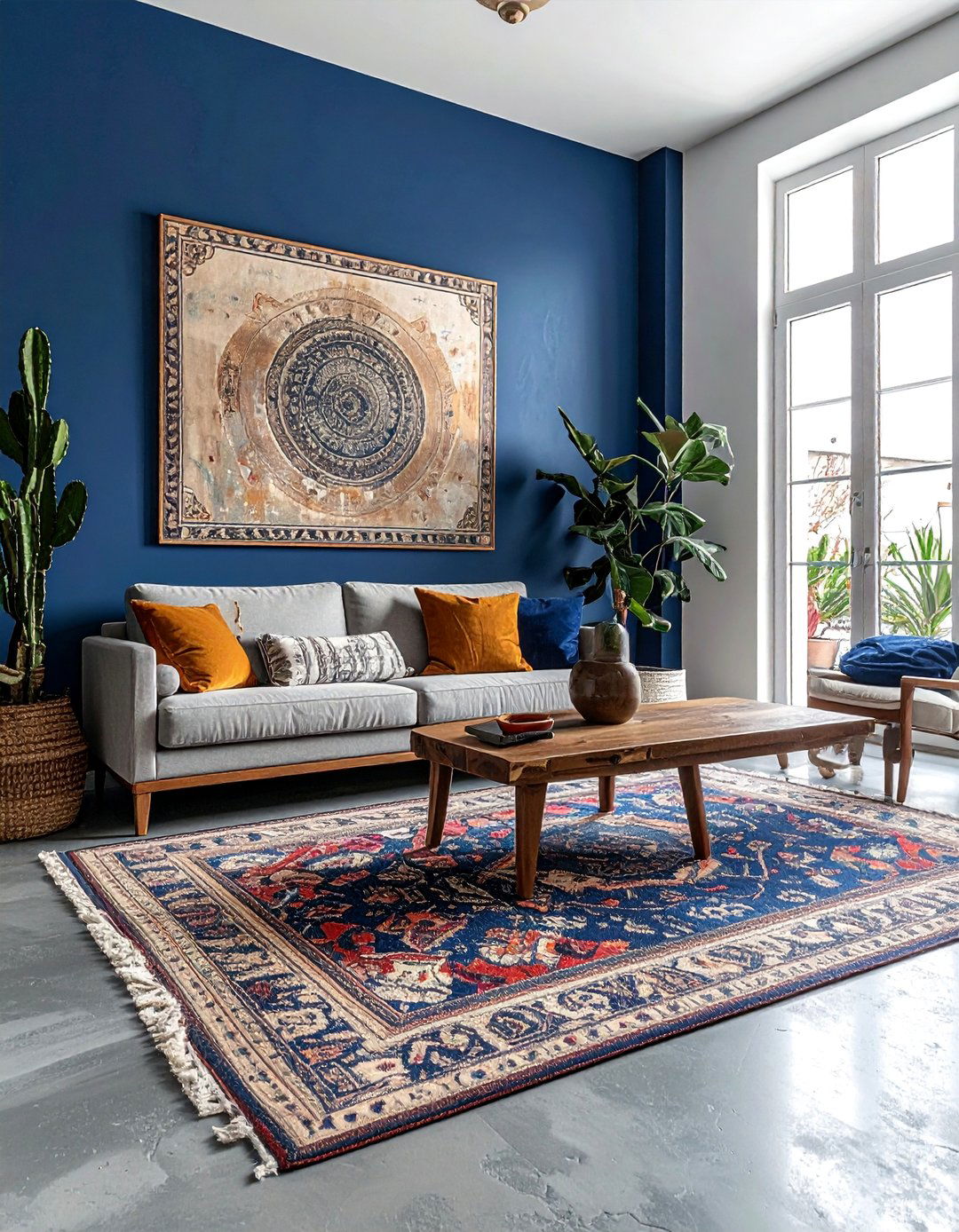 Mottled Grey Concrete Floor with Indigo Blue Walls - 20 Grey Floor Living Room With Blue Walls Ideas