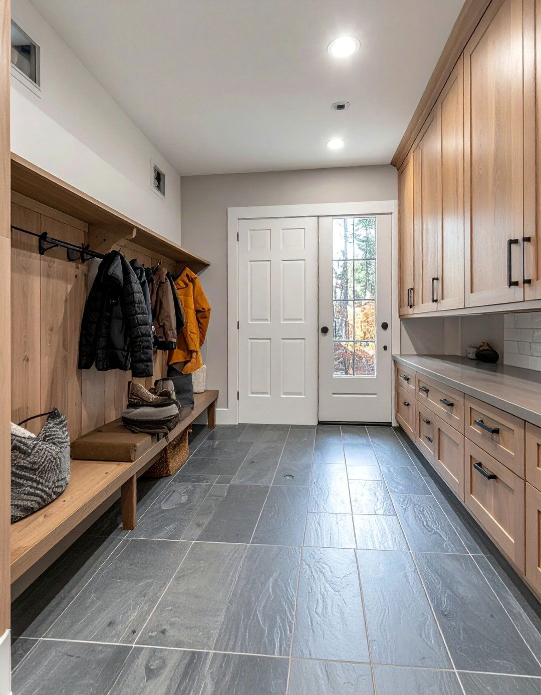Mudroom with Durable Slate Tile Flooring - 40 Mudroom Ideas to Keep Your Home Organized