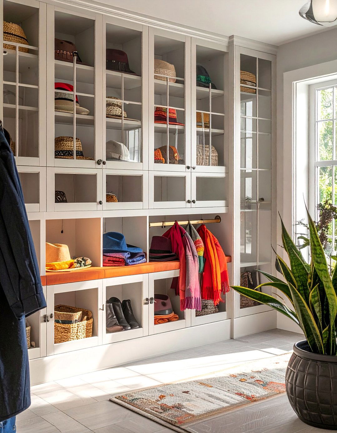 Mudroom with Glass Front Cabinet Doors - 40 Mudroom Ideas to Keep Your Home Organized
