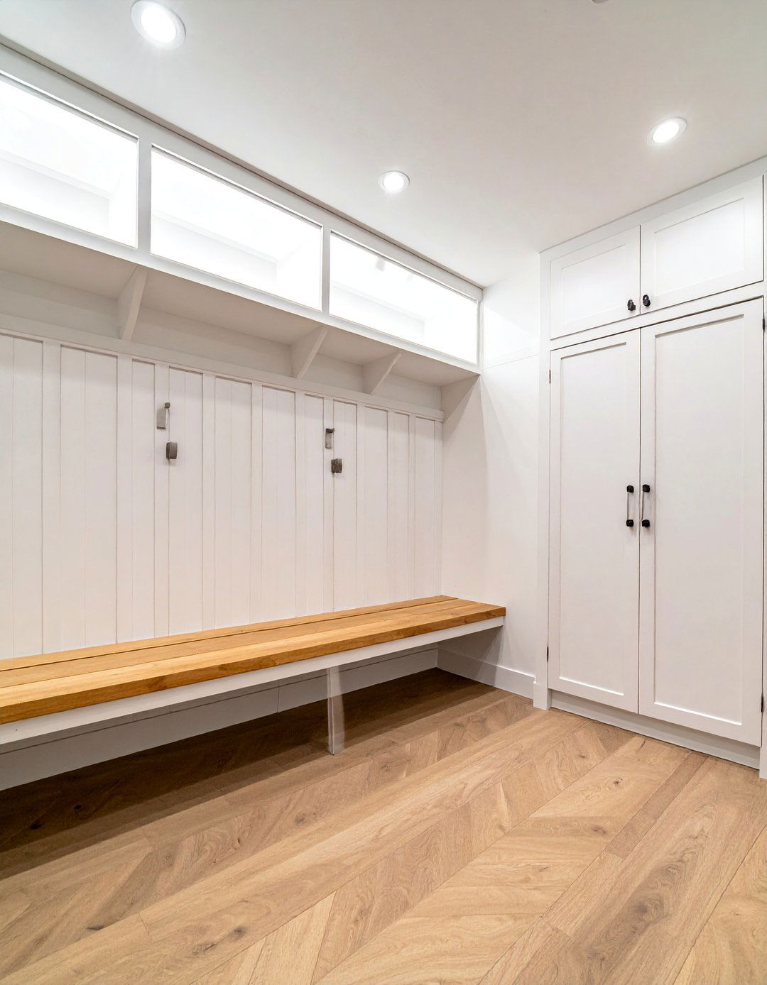 Mudroom with Integrated Overhead Lighting - 40 Mudroom Ideas to Keep Your Home Organized