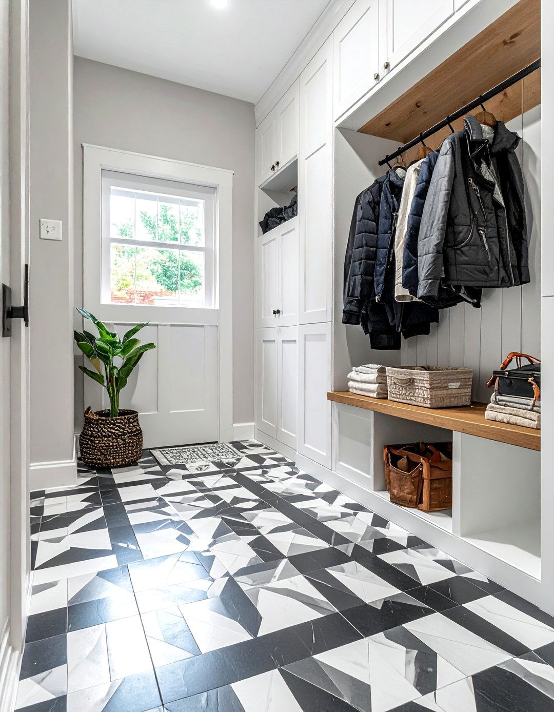 Mudroom with a Bold Patterned Floor Tile - 40 Mudroom Ideas to Keep Your Home Organized