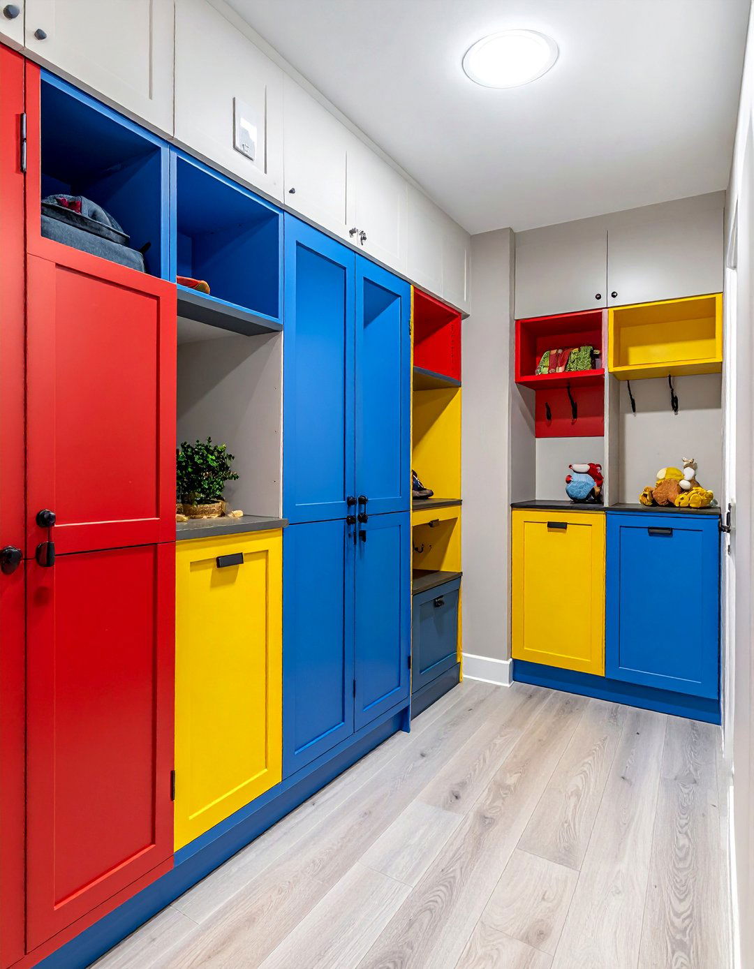 Mudroom with a Color Coded System for Kids - 40 Mudroom Ideas to Keep Your Home Organized