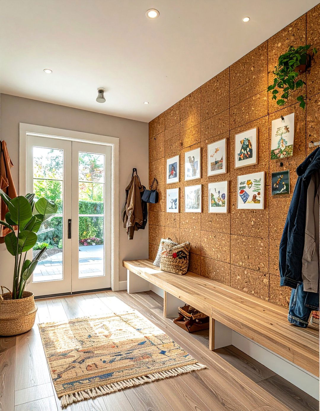 Mudroom with a Cork Wall for Notes and Photos - 40 Mudroom Ideas to Keep Your Home Organized