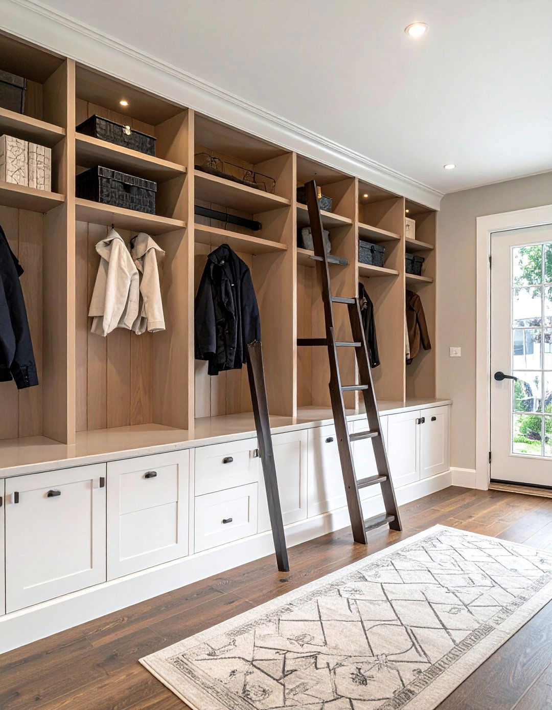 Mudroom with a Library Ladder for High Storage - 40 Mudroom Ideas to Keep Your Home Organized