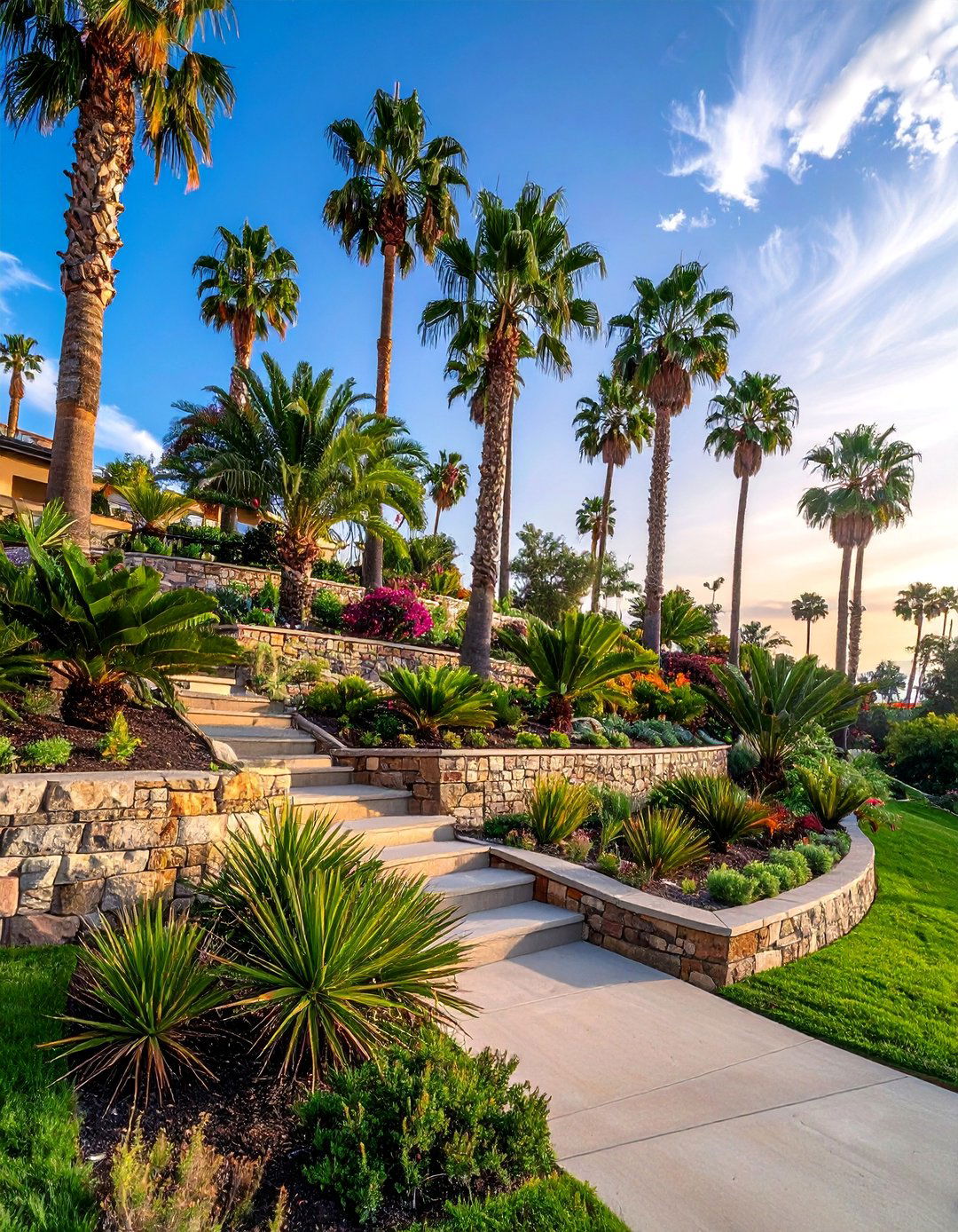 Multi Level Tropical Terracing - 30 Front Yard Palm Tree Landscape Design Ideas