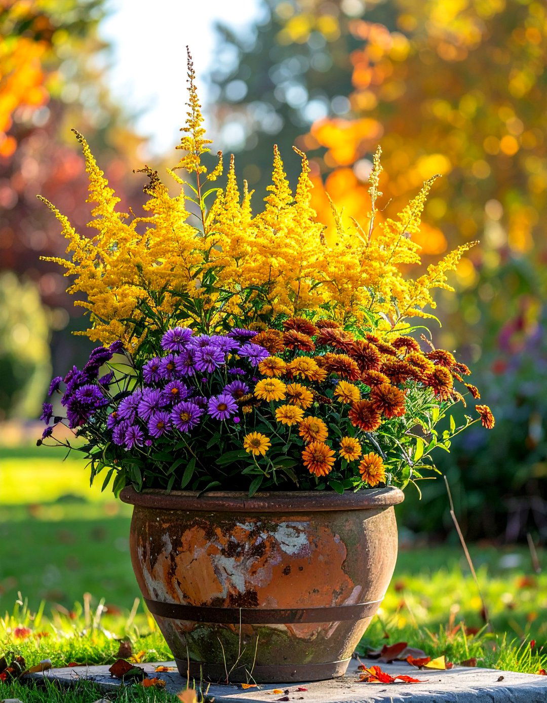 Mum Aster and Goldenrod Fall Planter - 40 Fall Planter Ideas to Add Seasonal Charm