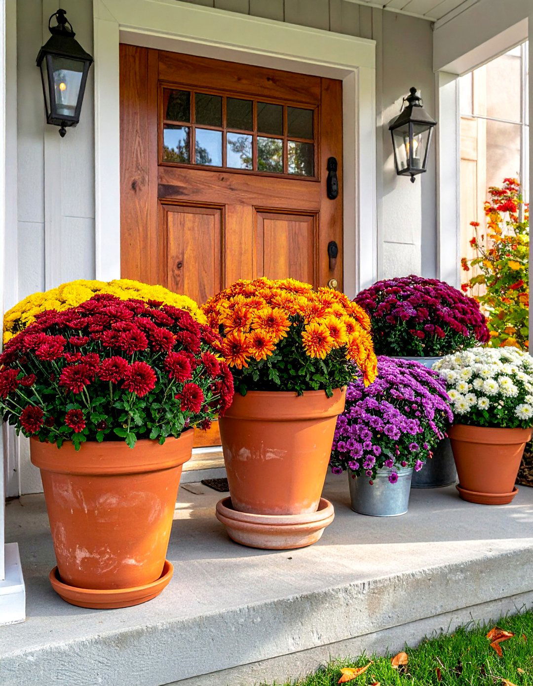 Mums in Decorative Planters - 30 Front Door Fall Decor Ideas to Welcome the Season