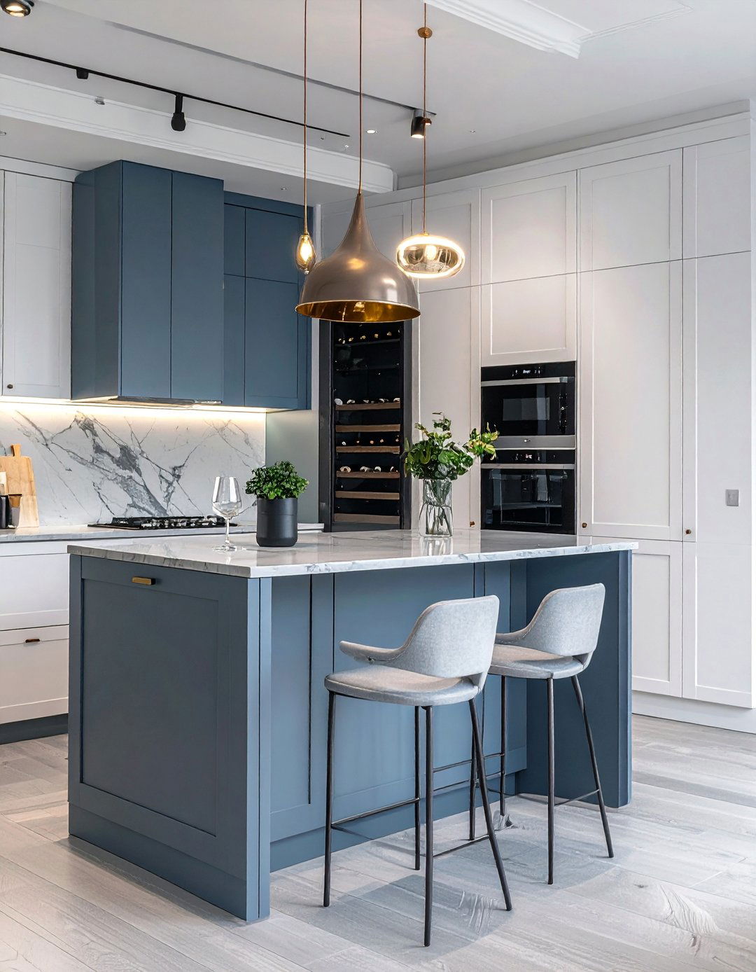 Muted Blue Gray Island with a Built in Wine Fridge - 30 White Kitchen Cabinets With Blue Island Design Ideas