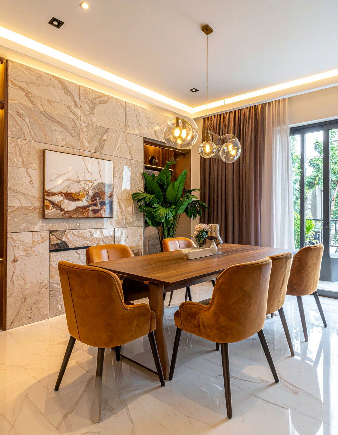 Natural Stone Accent Walls with Warm Lighting - 40 Luxurious Dining Room Ideas for Elegant Entertaining