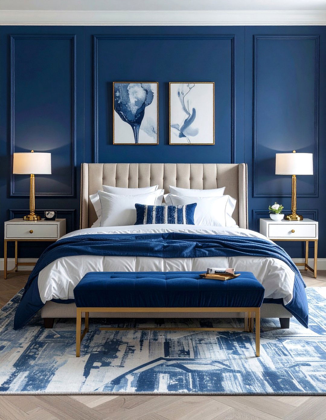 Navy Blue Accent Wall with Gold Sconces - 20 Blue and Gold Bedroom Ideas for a Luxurious Look