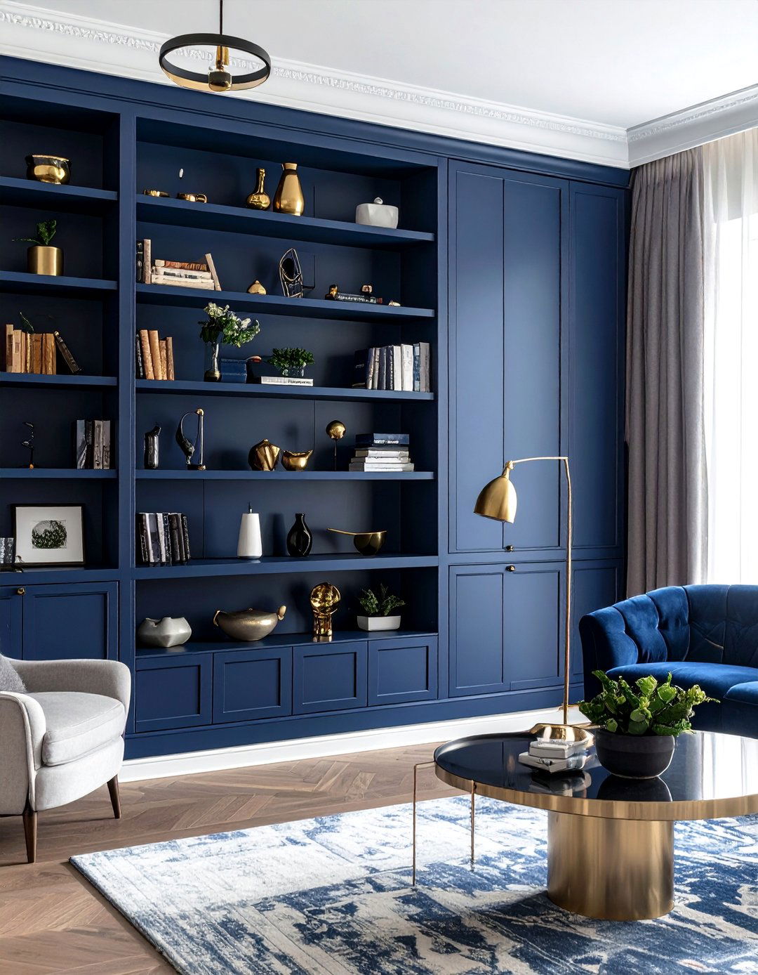 Navy Blue Built In Shelving and Cabinetry - 25 Navy Blue Living Room Ideas for a Stylish Space