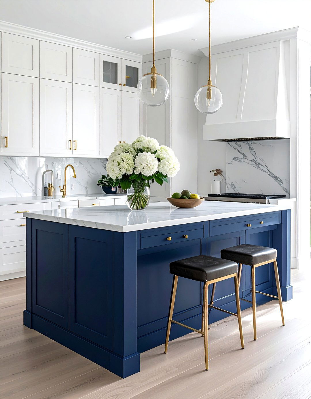Navy Blue Island with Gold Hardware - 30 White Kitchen Cabinets With Blue Island Design Ideas