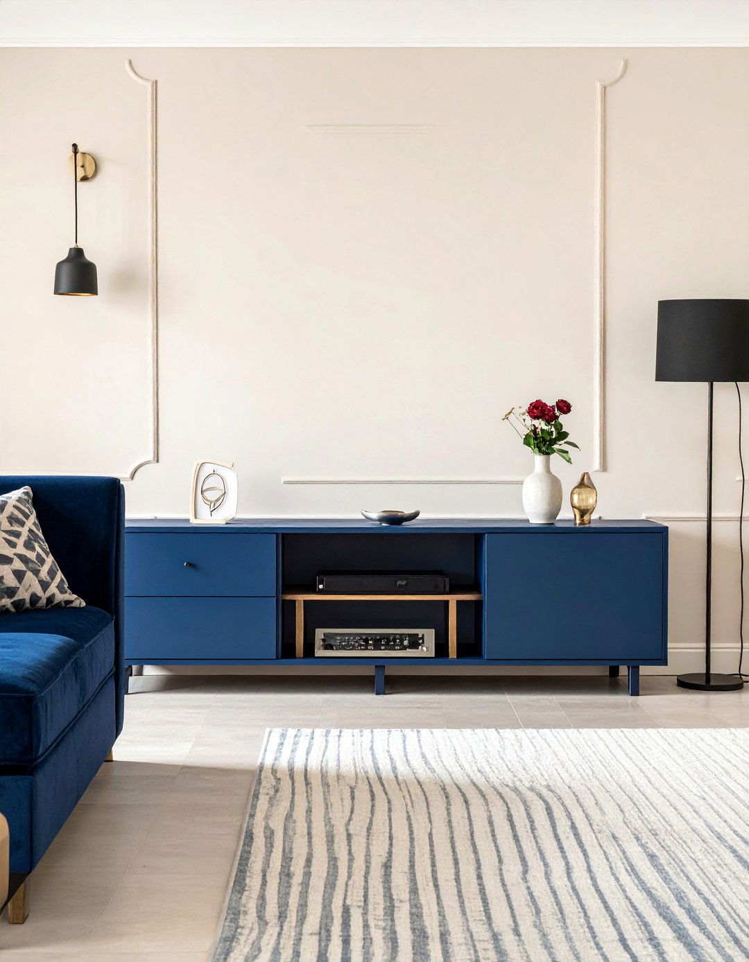 Navy Blue Media Unit in a Cream Room - 25 Navy and Cream Living Room Ideas for Timeless Elegance