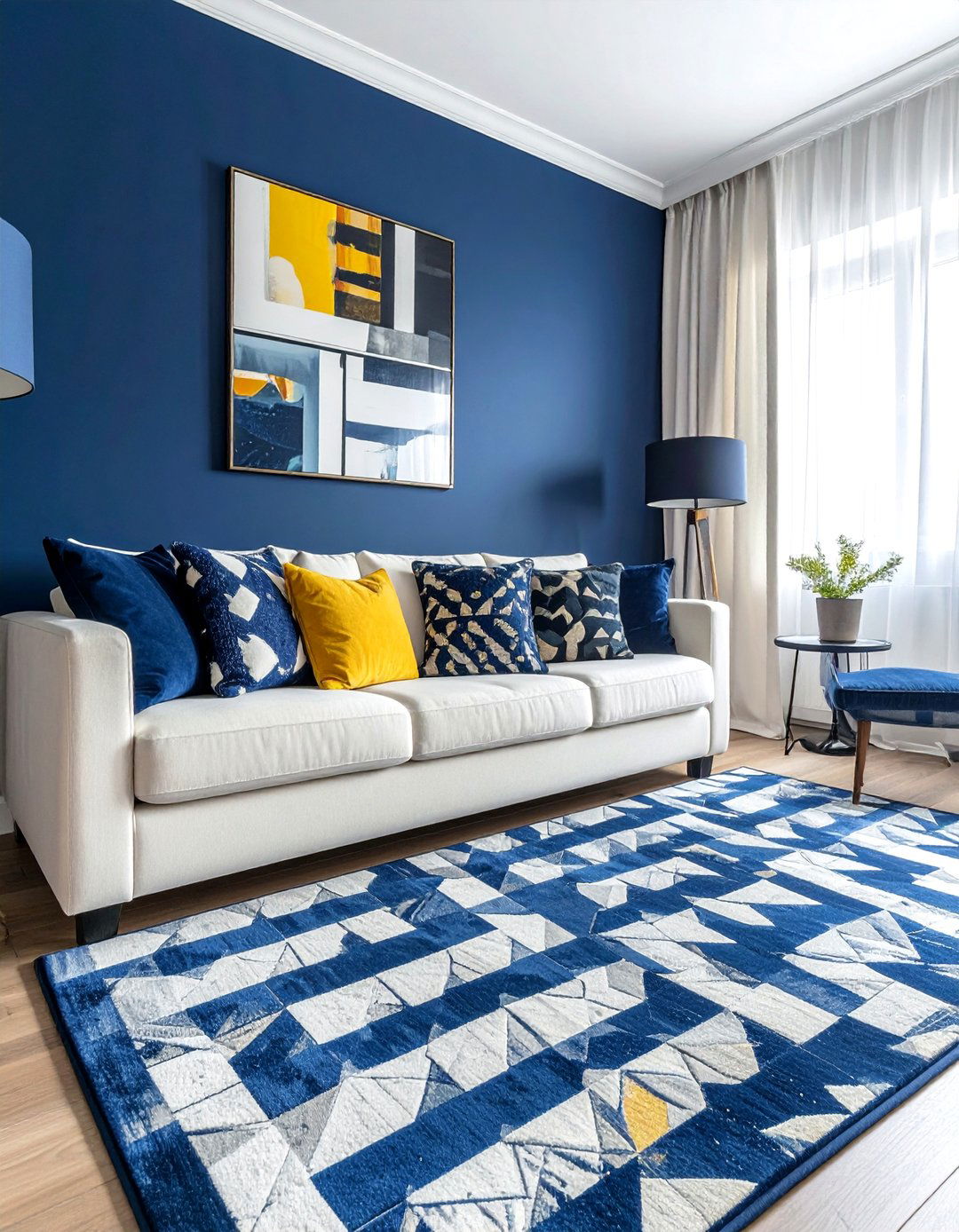 Navy Blue with Crisp Modern Geometric Patterns - 25 Navy Blue Living Room Ideas for a Stylish Space