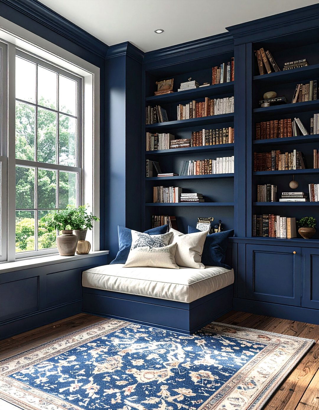Navy Bookshelves Flanking a Cream Window Seat - 25 Navy and Cream Living Room Ideas for Timeless Elegance