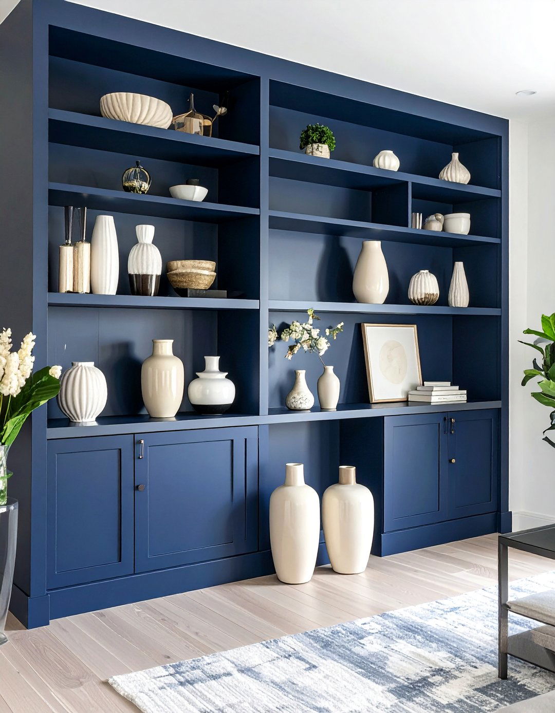 Navy Built in Shelving with Cream Accessories - 25 Navy and Cream Living Room Ideas for Timeless Elegance