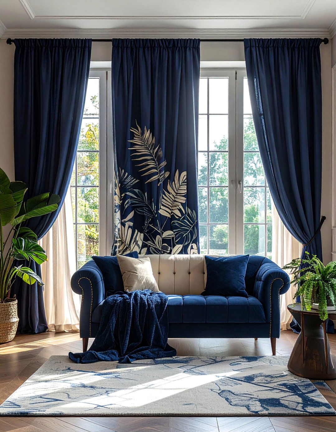 Navy and Cream Botanical Print Curtains - 25 Navy and Cream Living Room Ideas for Timeless Elegance