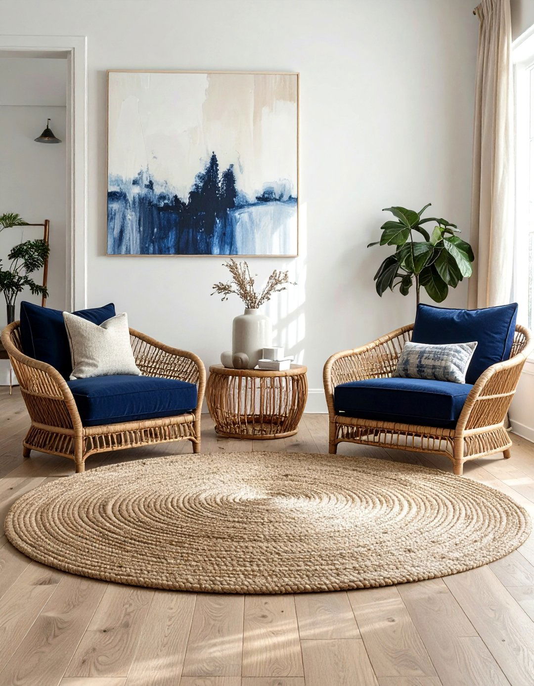 Navy and Cream with Natural Fiber Accents - 25 Navy and Cream Living Room Ideas for Timeless Elegance