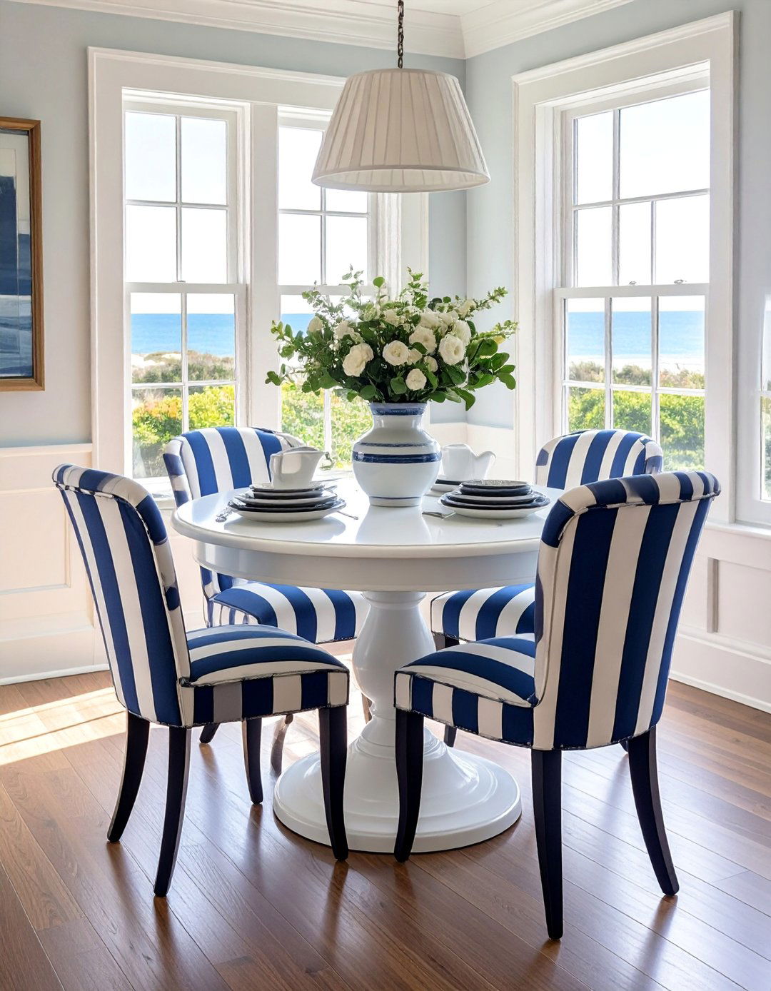 Navy and White Striped Upholstery - 20 Coastal Dining Room Ideas for a Beachy Vibe