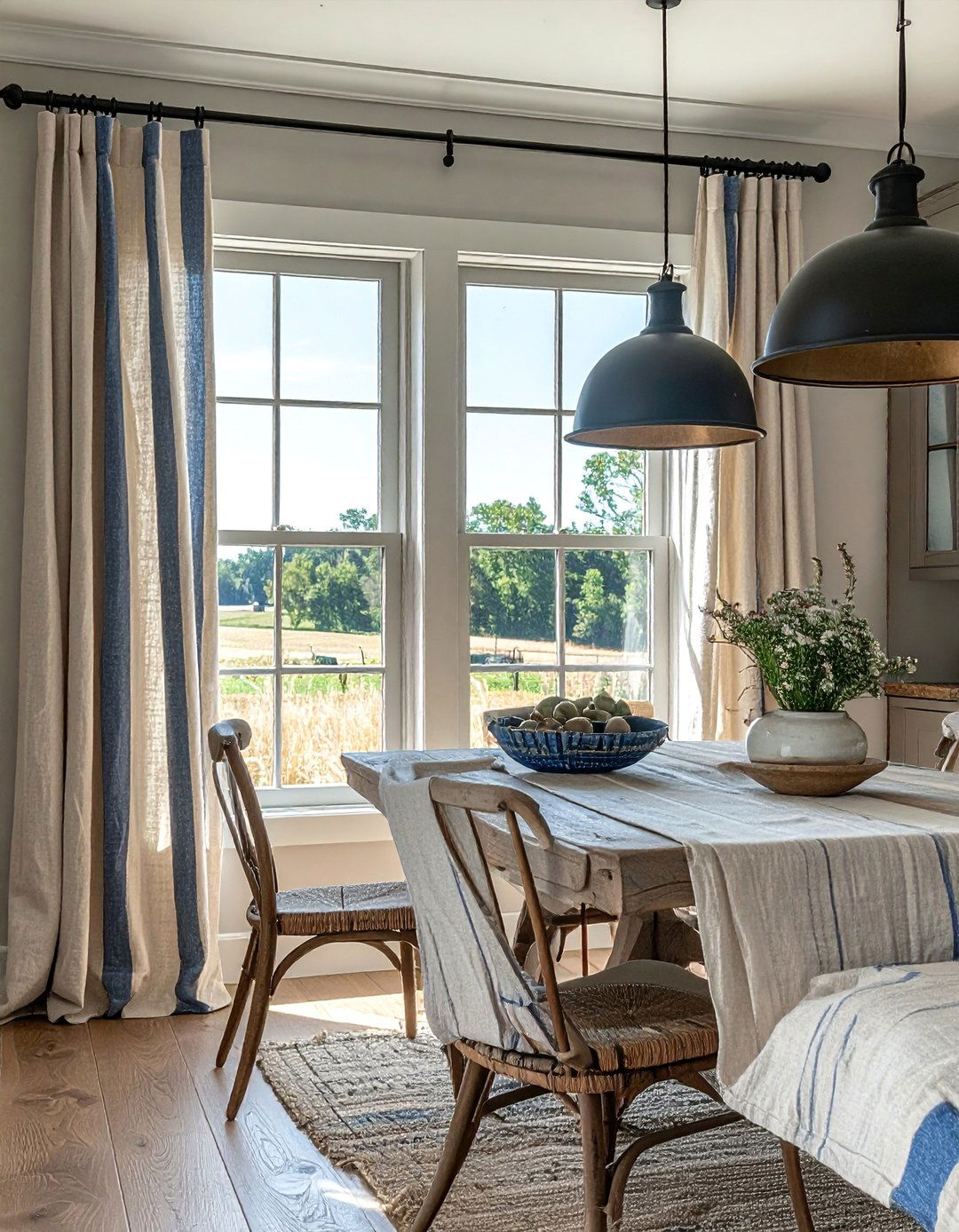 Neutral Toned Grain Sack Stripe Curtains - 40 Farmhouse Window Treatment Ideas for a Cozy Home
