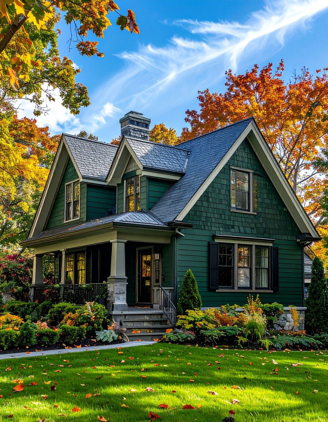 Northwood Green with Slate Roof - 40 Dark Green Exterior Paint Color Schemes for Bold Homes