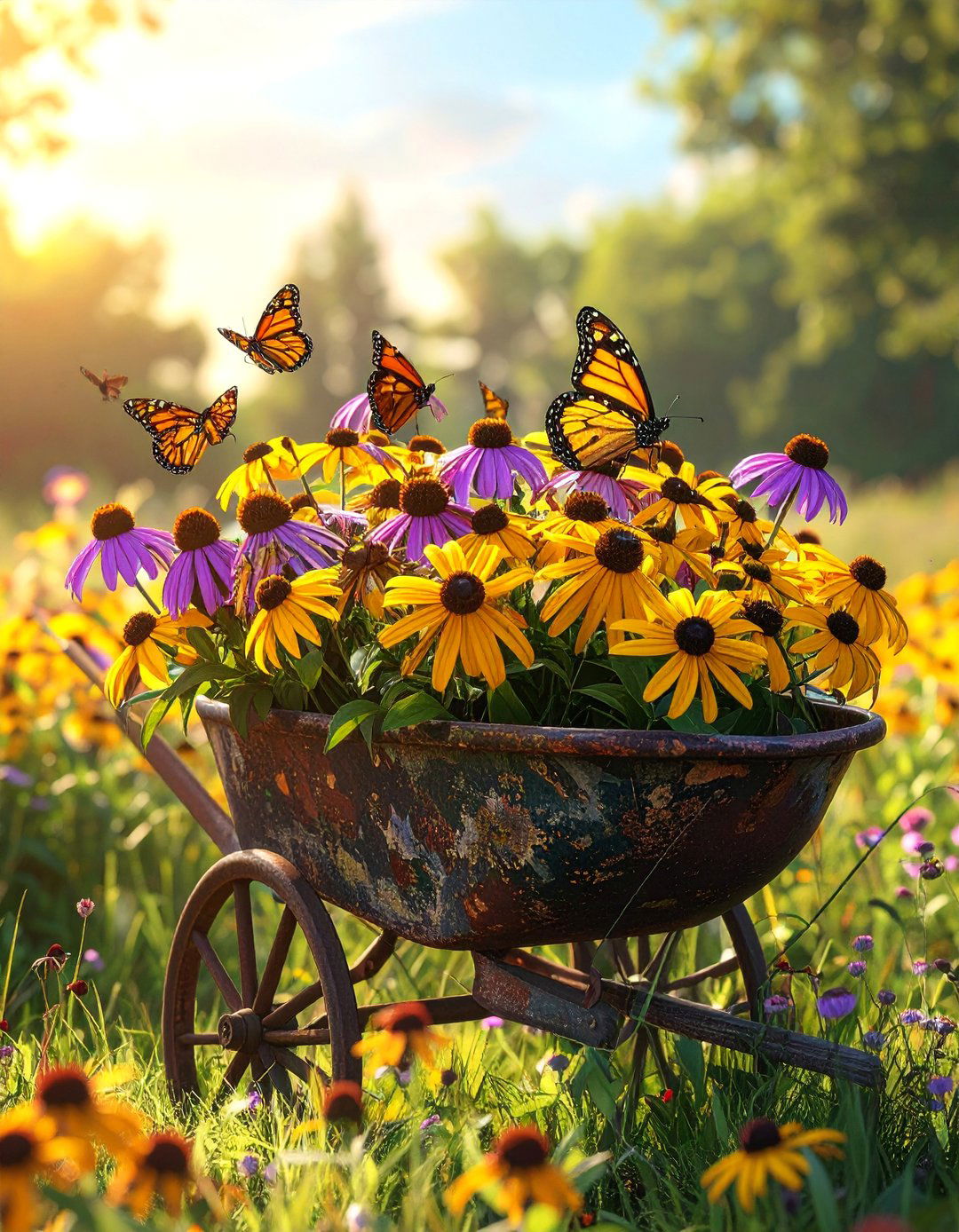Old Wheelbarrow Housing a Butterfly Garden - 25 Old Wheelbarrow Ideas for Creative Garden Decor