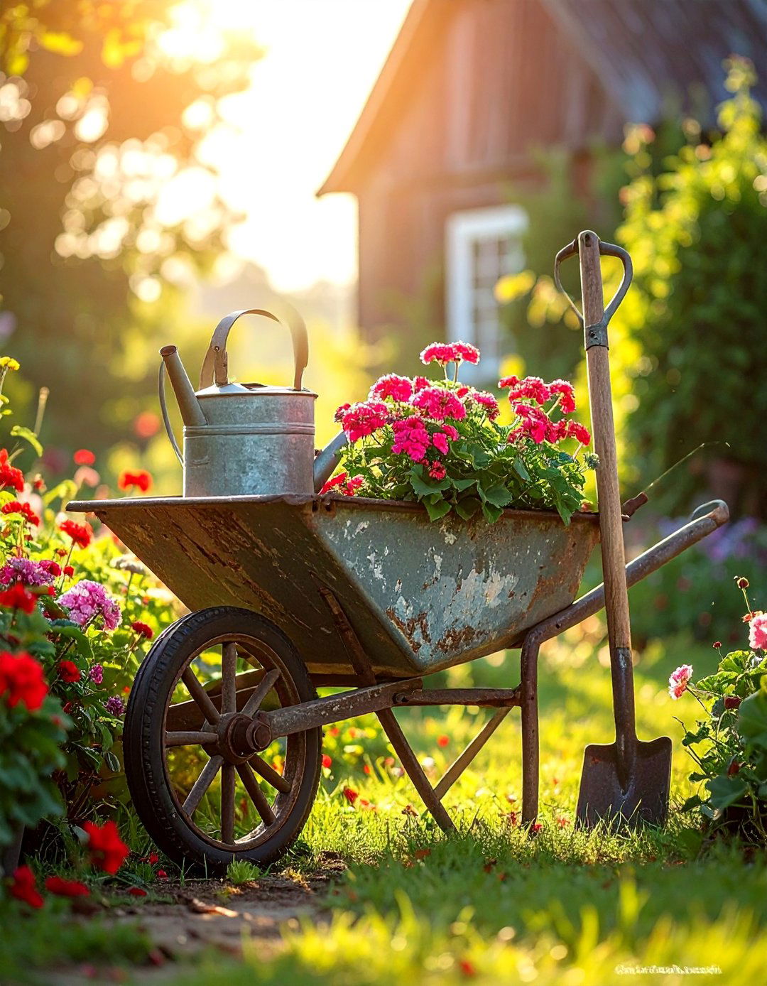 Old Wheelbarrow Paired with Antique Garden Tools - 25 Old Wheelbarrow Ideas for Creative Garden Decor
