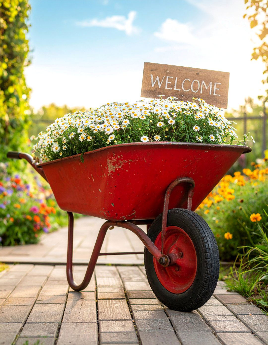Old Wheelbarrow Welcome Sign Planter - 25 Old Wheelbarrow Ideas for Creative Garden Decor