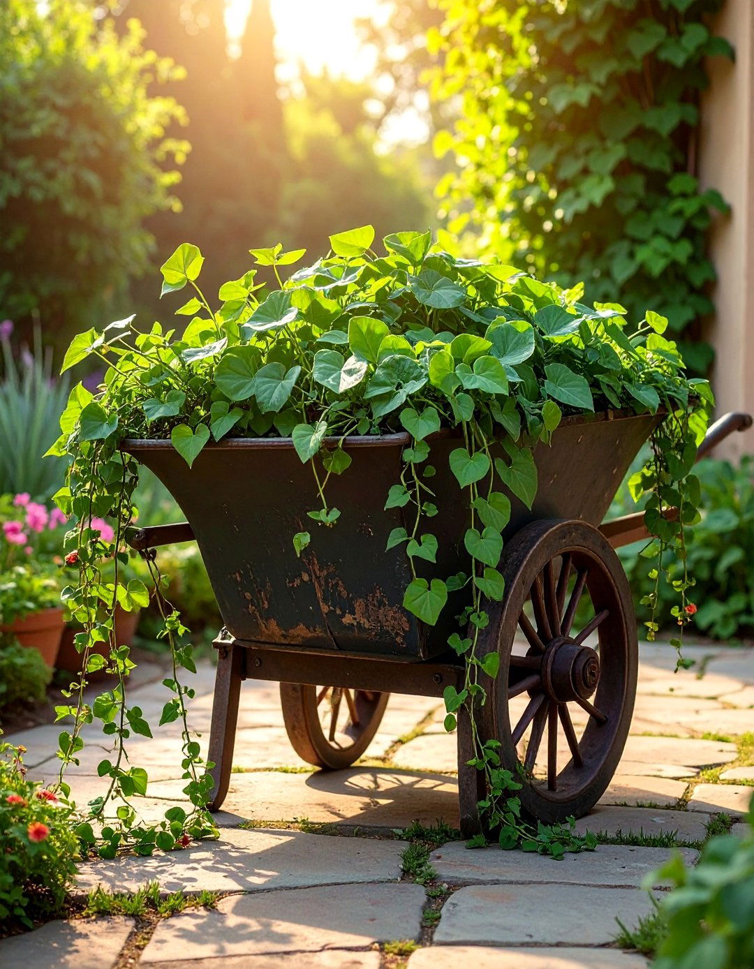 Old Wheelbarrow with Trailing Vines - 25 Old Wheelbarrow Ideas for Creative Garden Decor
