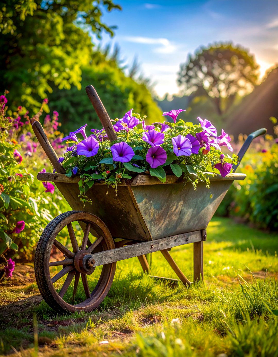 Old Wheelbarrow with a Trellis for Climbing Plants - 25 Old Wheelbarrow Ideas for Creative Garden Decor