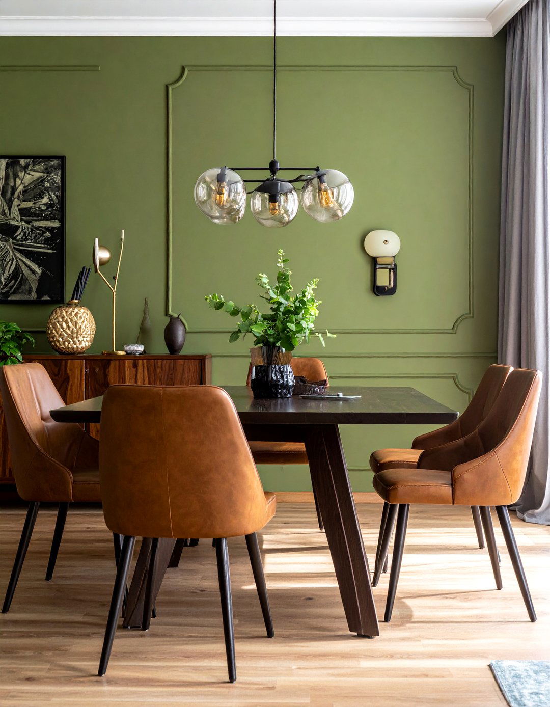 Olive Green Dining Room with Leather Seating - 40 Green Dining Room Ideas for a Fresh Look