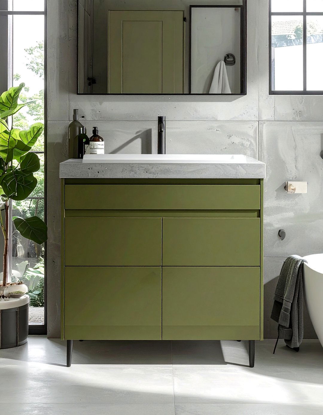 Olive Green Double Vanity with Concrete Countertops - 15 Gorgeous Bathroom Designs Featuring Green Vanities