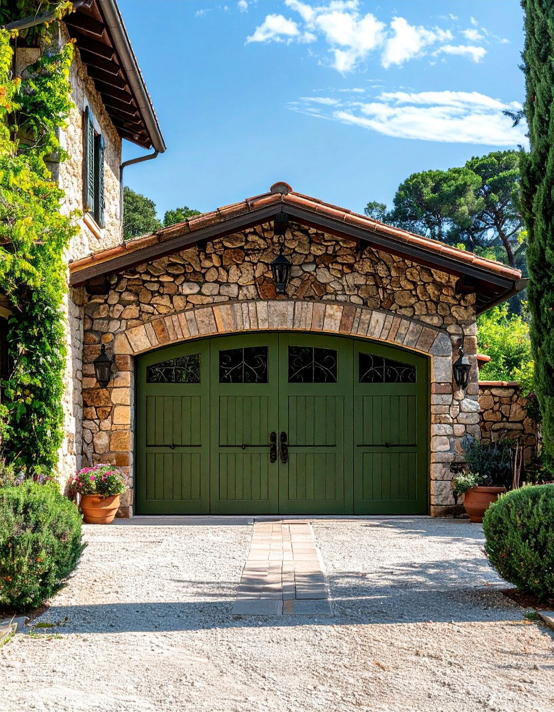 Olive Green Garage Door with Natural Stone - 20 Green Garage Door Ideas to Boost Curb Appeal