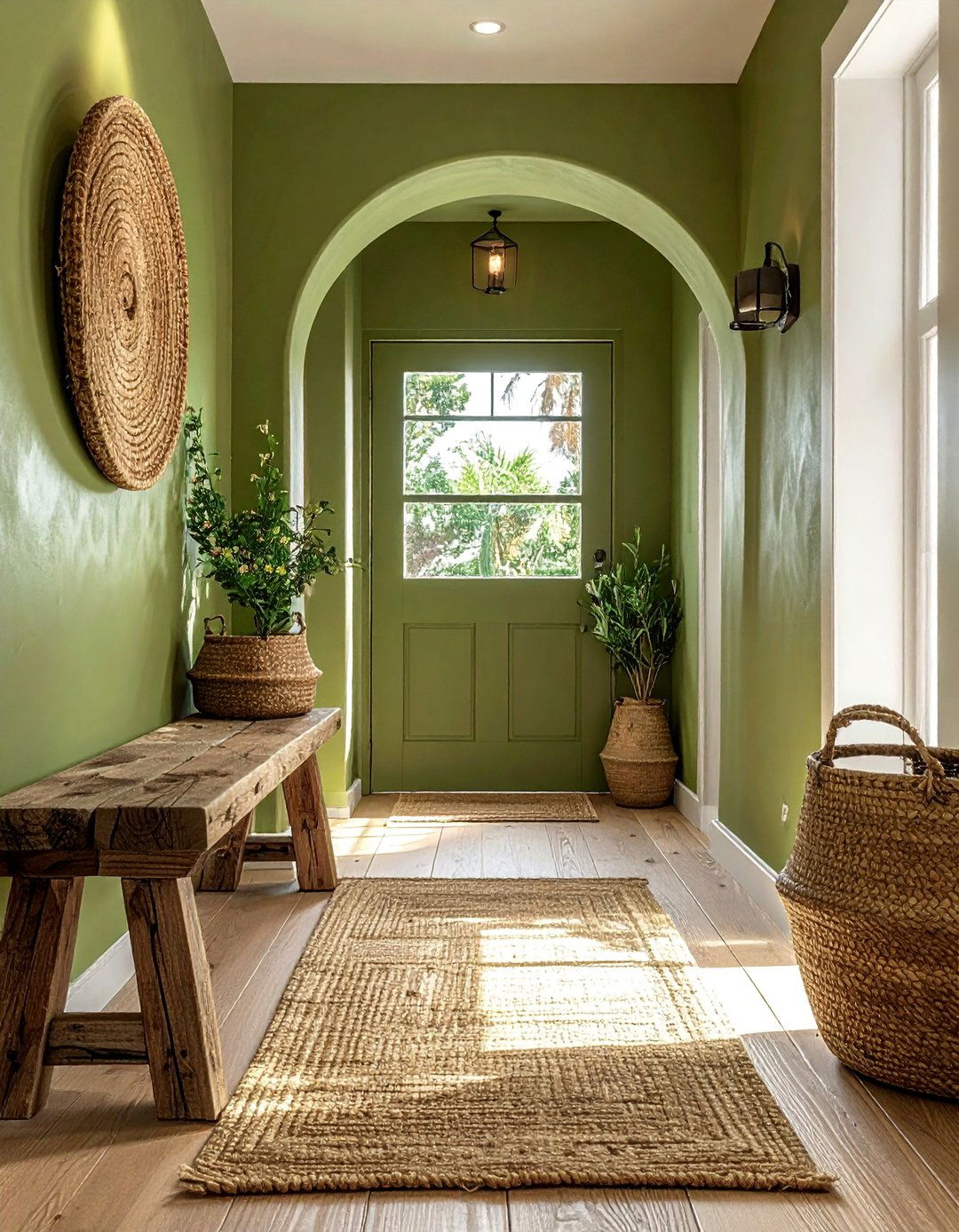 Olive Green Hallway with Rustic Elements - 20 Green Hallway Ideas for a Fresh and Inviting Space