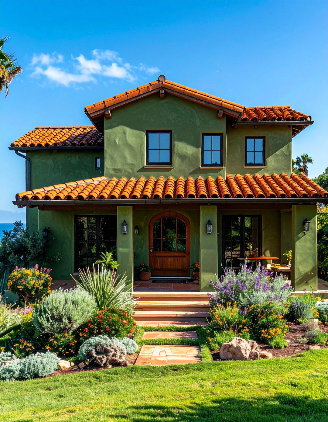 Olive Green Stucco with Terracotta Roof Tiles - 40 Dark Green Exterior Paint Color Schemes for Bold Homes