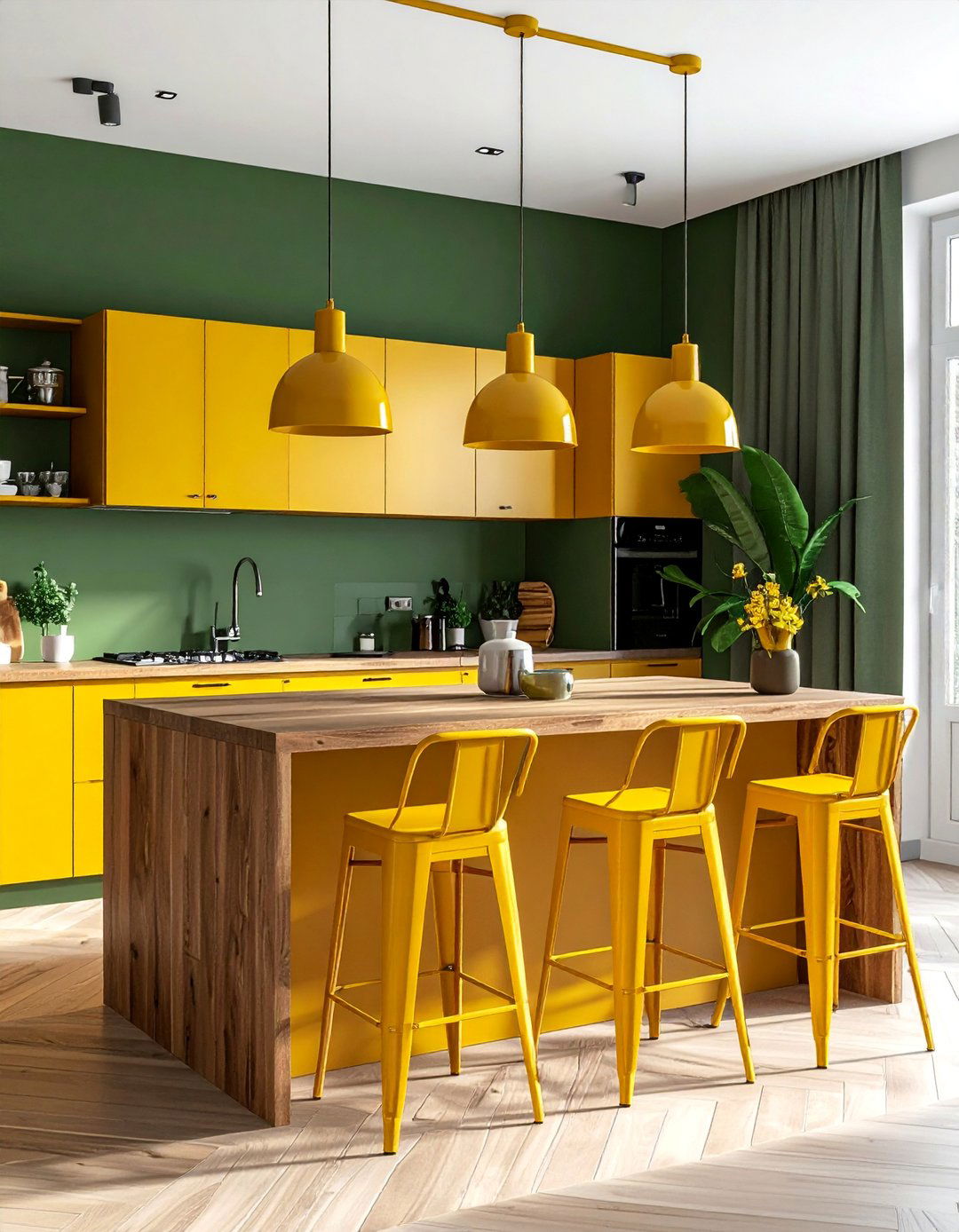 Olive Green Walls and Mustard Yellow Accents - 20 Green and Yellow Kitchen Ideas for a Fresh Look