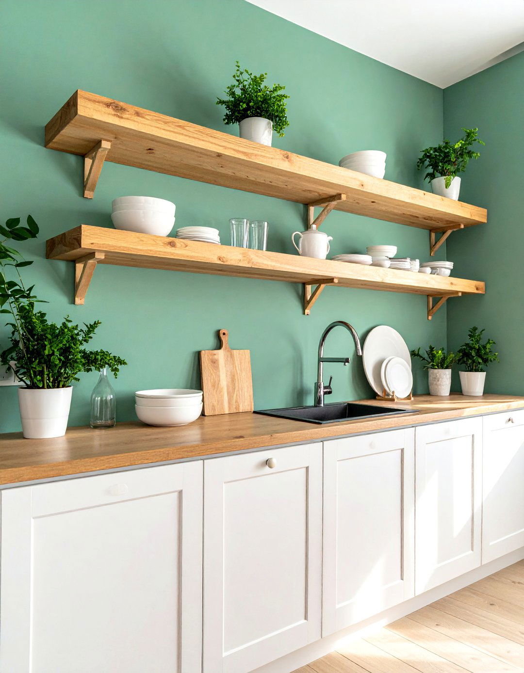 Open Shelving Against a Seafoam Green Kitchen Wall - 15 Seafoam Green Kitchen Ideas for a Fresh Look