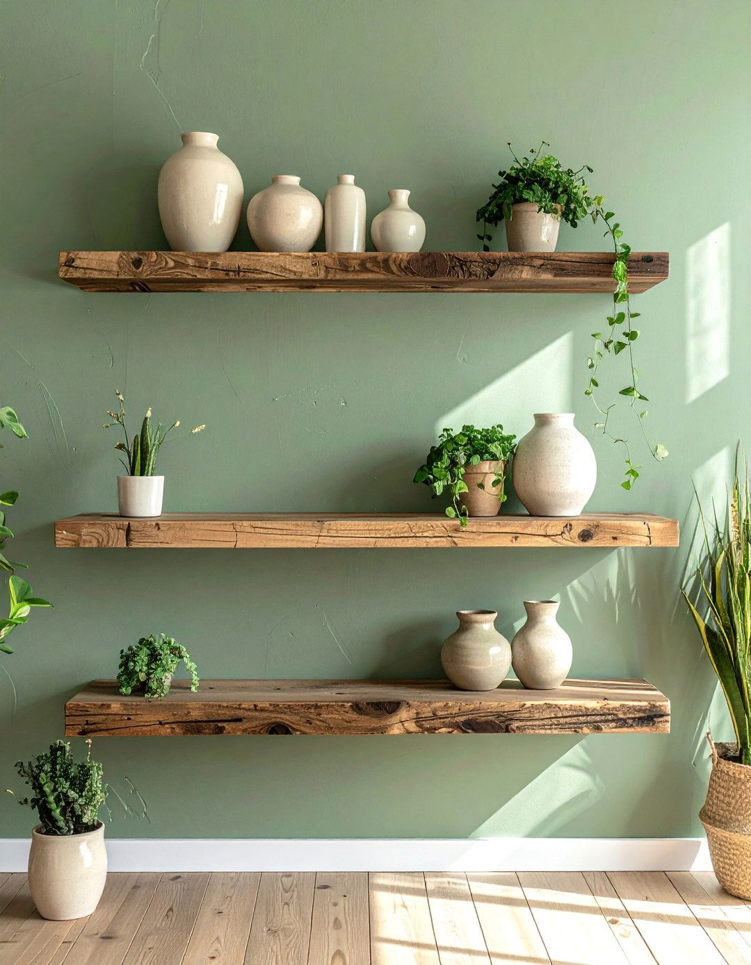Open Shelving with Earthenware Decor - 25 Rustic Sage Green Living Room Ideas for Serenity