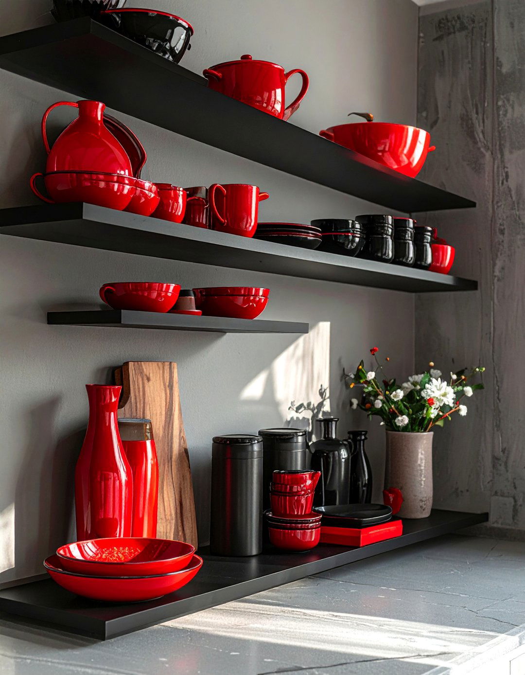 Open Shelving with Red and Black Decor - 25 Red and Black Kitchen Ideas for a Dramatic Flair