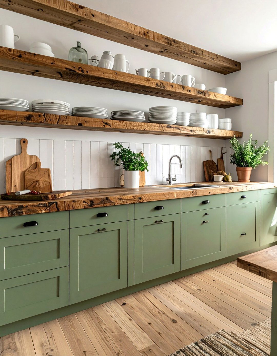 Open Shelving with Rustic Sage Green Kitchen Cabinets - 20 Rustic Sage Green Kitchen Cabinets Ideas