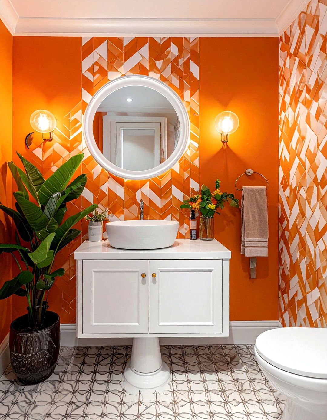 Orange Patterned Wallpaper for a Playful Powder Room - 30 Orange Room Ideas to Brighten Your Home