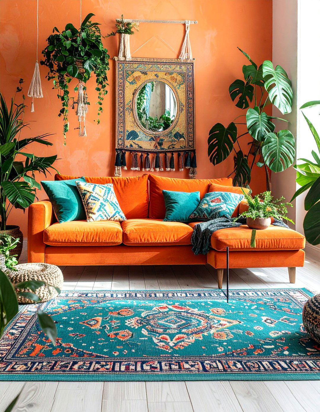 Orange and Teal in a Bohemian Living Room - 30 Orange Room Ideas to Brighten Your Home