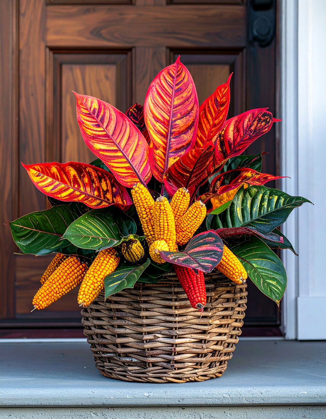 Ornamental Corn and Croton Fall Planter - 40 Fall Planter Ideas to Add Seasonal Charm