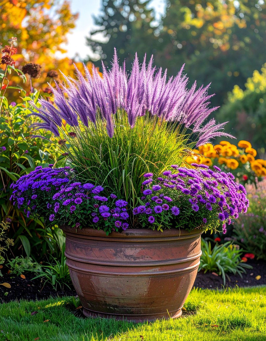 Ornamental Grass and Aster Fall Planter - 40 Fall Planter Ideas to Add Seasonal Charm